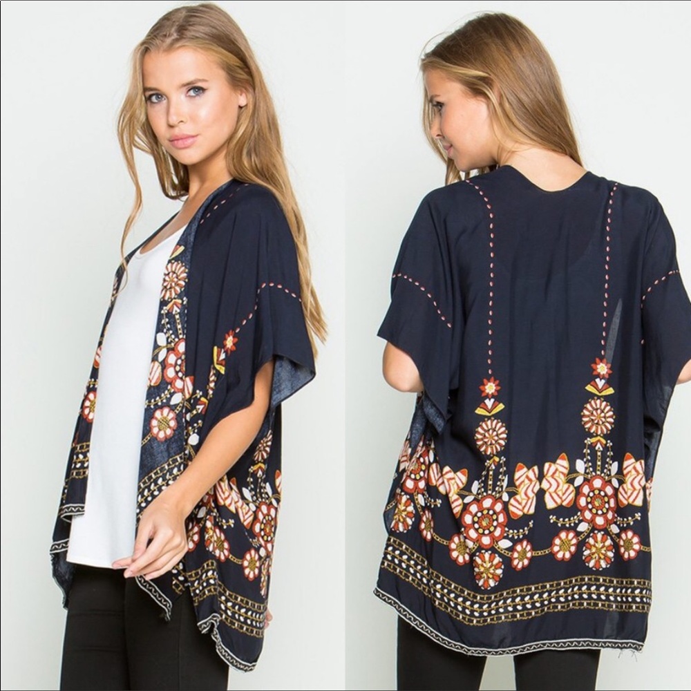 Floral Print Kimono Shrug in Navy